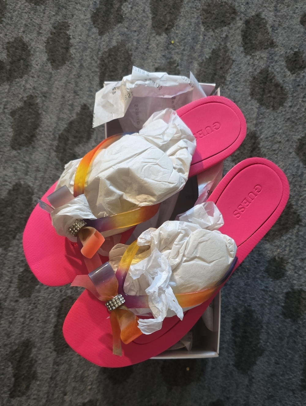 GUESS Hot Pink Ombre Bow Slide Sandals with Rhinestone Accent
